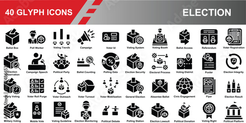 Election Glyph Icons Set – 40 Political and Voting Solid Symbols for Campaign, Ballot, and Democracy Design