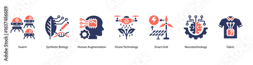 Synthetic Life and Bioengineering web banner icon vector illustration featuring Swarm, Synthetic Biology, Human Augmentation, Drone Technology, Smart Grid, Neurotechnology, and Fabric.
