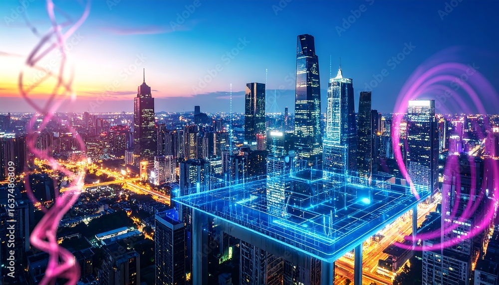 Obraz premium Futuristic city skyline at dawn with digital overlay