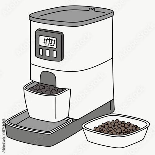 Automatic pet feeder with digital display and food bowl isolated on white background, providing convenient and scheduled feeding for cats and dogs