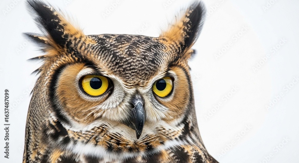 A detailed close-up portrait of a Great Horned Owl with intense yellow eyes and prominent ear tufts. A detailed close-up portrait of a Great Horned Owl with intense yellow eyes and prominent ear tufts.