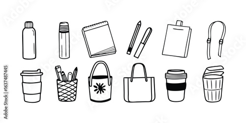 Vector art of collection of stationery items and containers isolated on white background featuring pens, cups, and bags