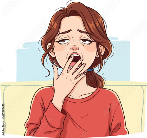 Tired young woman yawning at home – fatigue, boredom, or lack of sleep concept