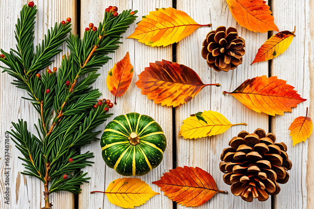 Autumnal bounty of pinecones leaves and squash fall Autumnal bounty of pinecones leaves and squash fall