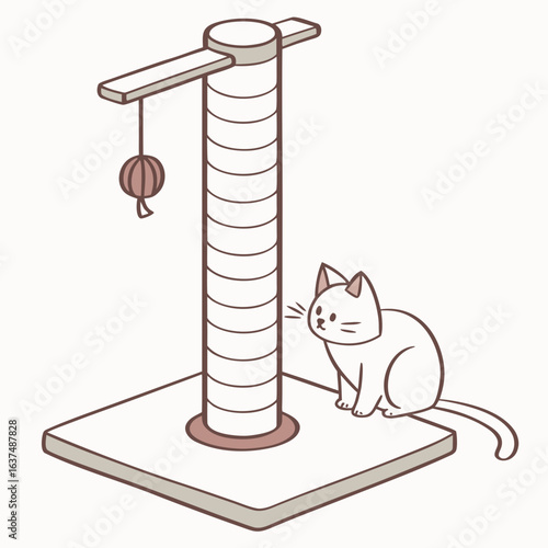 Cat tree with scratching post and cat isolated on white background, providing a stimulating and enjoyable space for feline friends