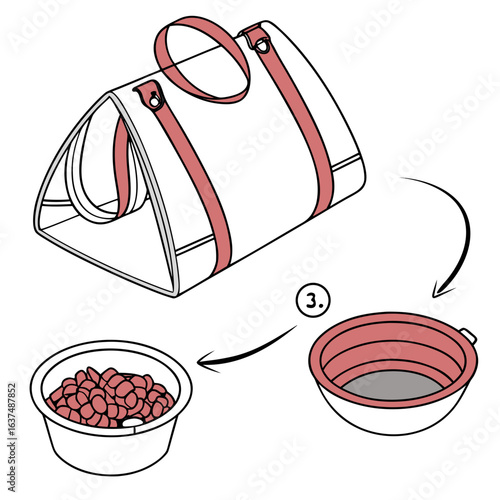 Illustration of a pet travel carrier, a collapsible bowl, and a bowl of food, isolated on white background