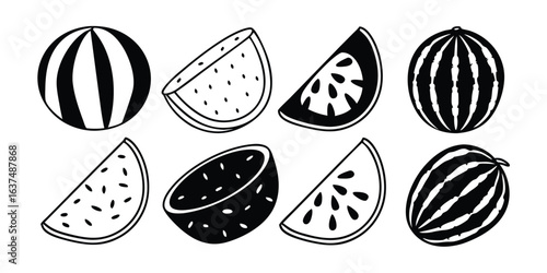 Illustration of various watermelon slices and whole watermelons isolated on white background, showcasing summer fruit