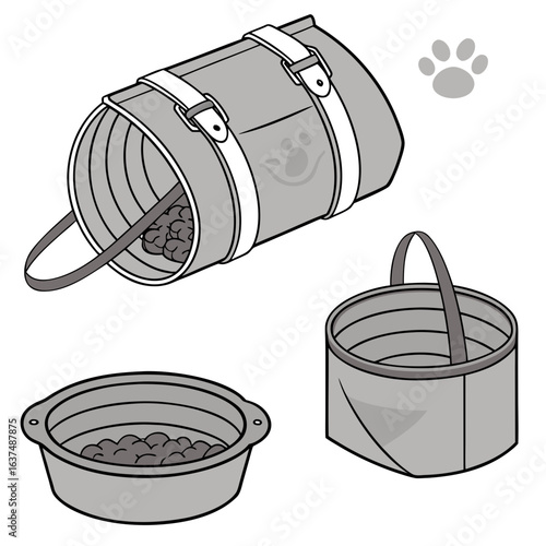 Illustration of a pet travel carrier, a collapsible bowl, a bucket, and a bowl of food, isolated on white background