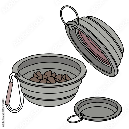 Illustration of a collapsible pet bowl with food and a lid, isolated on white background