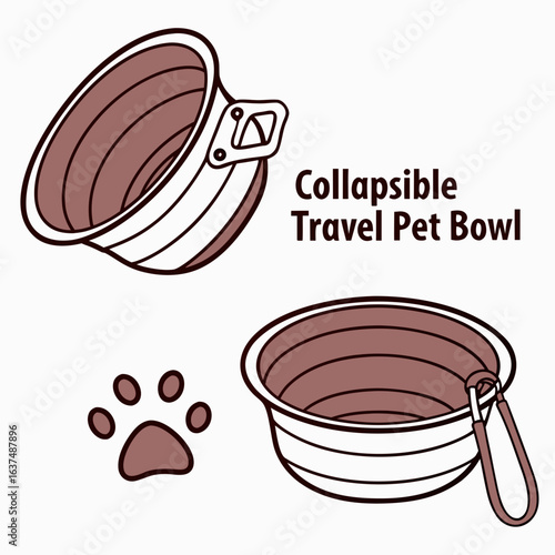 Collapsible travel pet bowl illustration with a dog and cat food and water container isolated on white background
