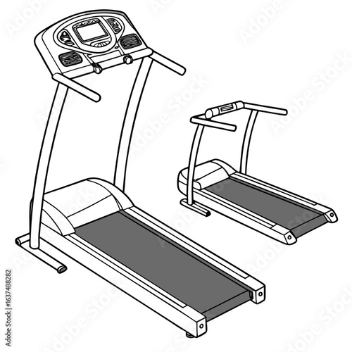 Two treadmill exercise machines for fitness and health isolated on white background in a simple line art style
