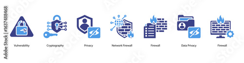 Cryptographic Defense web banner icon vector illustration featuring Vulnerability, Cryptography, Privacy, Network Firewall, Firewall, Data Privacy, and Firewall.