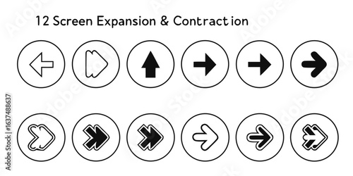 Vector art of set of twelve screen expansion and contraction icons isolated on white background for web design