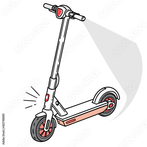 Illustration of a modern electric scooter with headlight and taillight features, promoting ecofriendly urban mobility isolated on white background