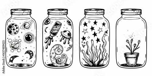 Whimsical jars containing celestial and aquatic elements
