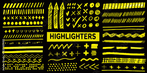 Yellow hand drawn highlighter marks and symbols on black background