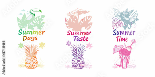 Tropical summer vibes with toucans pineapples and drinks