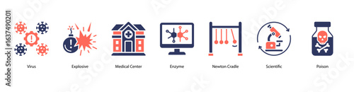 Virus, Risk and Toxicology web banner icon vector illustration featuring Virus, Explosive, Medical Center, Enzyme, Newton Cradle, Scientific, and Poison.