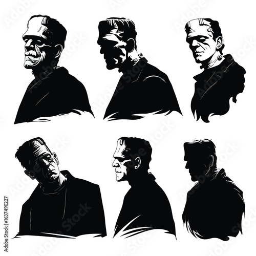 Vector silhouette set of Halloween Frankenstein's monster isolated in White background, silhouette Set, Halloween theme, Vector illustration