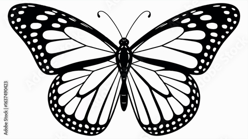 A black and white minimalist illustration of a monarch butterfly in a symmetrical design.