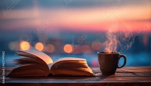 Open book and steaming coffee cup on a wooden table at sunset
