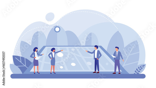 Business team discussing strategy around a futuristic interactive display screen in a meeting room