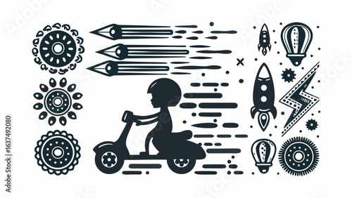 Illustration of a person riding a scooter surrounded by rockets, pencils, and floral designs