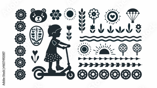 Illustration of a girl on a scooter surrounded by floral elements sun bear and decorative patterns in black and white