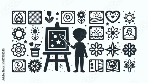 Illustration of a child painting on an easel surrounded by floral and nature themed artwork icons