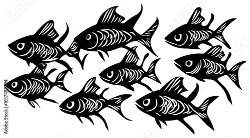 Tableau sur toile Silhouette of a Piranha Group Hunting with Ruthless Precision