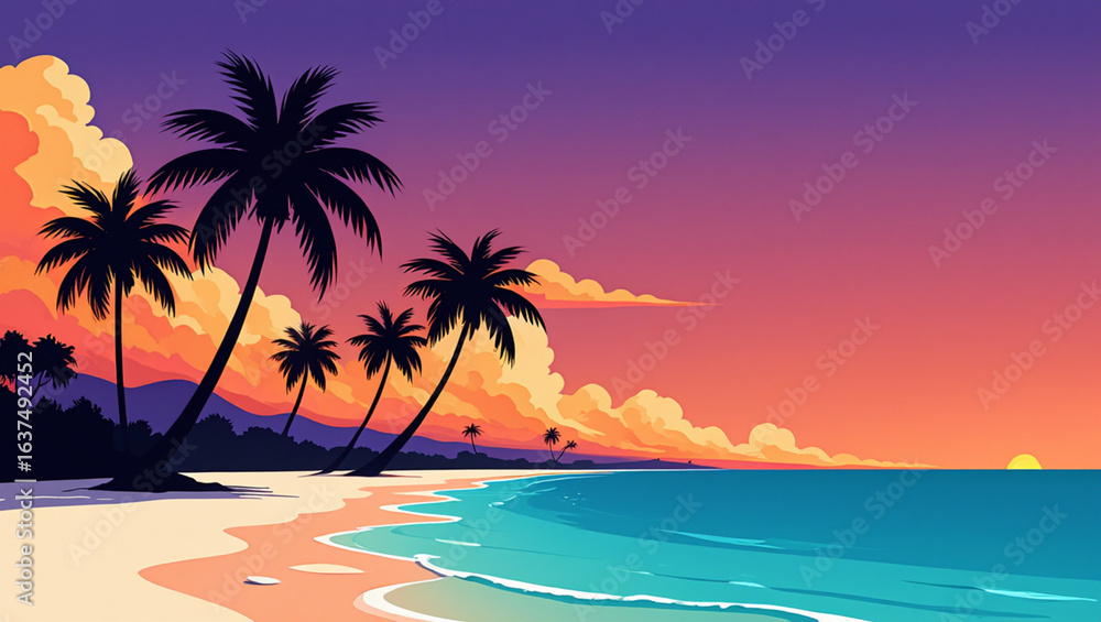 Fototapeta premium Tropical Beach Sunset: A breathtaking coastal scene unfolds, where the warm embrace of the sunset bathes the shore, palm trees in silhouette, and the gentle waves.