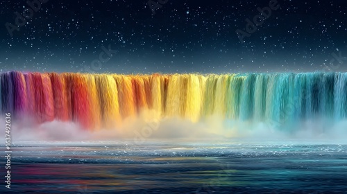 A vibrant waterfall displays a spectrum of colors under a starry night sky.