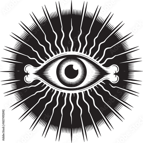 Black and white graphic illustration of an eye with radiating lines and bone accents design