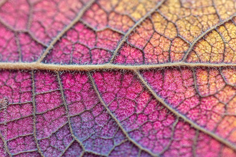 Obraz premium Close-up of a leaf's intricate vein structure, vibrant fall colors