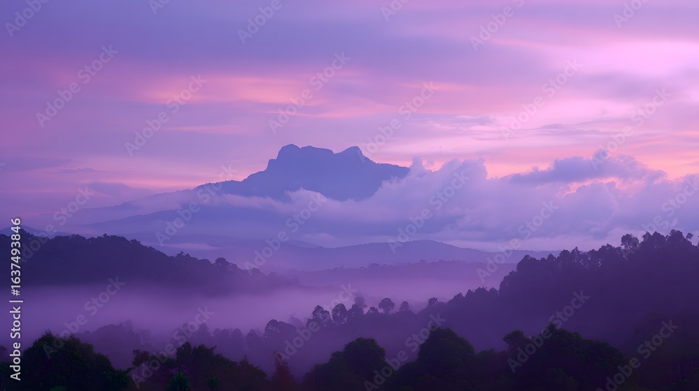 Obraz premium Purple hues paint a misty mountain landscape.