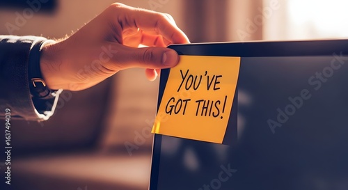 Hand placing a yellow sticky note with 