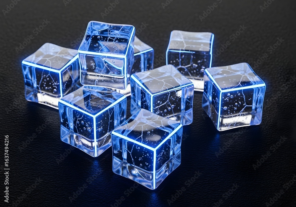 Fototapeta premium Luminous blue ice cubes with intricate cracks glowing on dark textured surface