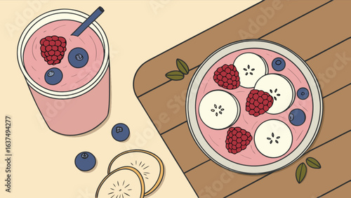Delicious fruit smoothie bowl and smoothie drink with raspberries blueberries and bananas for healthy eating