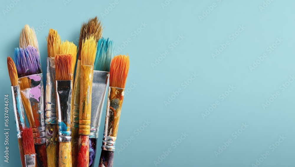 Fototapeta premium Colorful paintbrushes clustered together on a light blue background