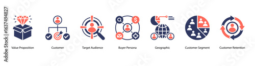Customer Insight web banner icon vector illustration featuring Value Proposition, Customer, Target Audience, Buyer Persona, Geographic, Customer Segment, and Customer Retention.