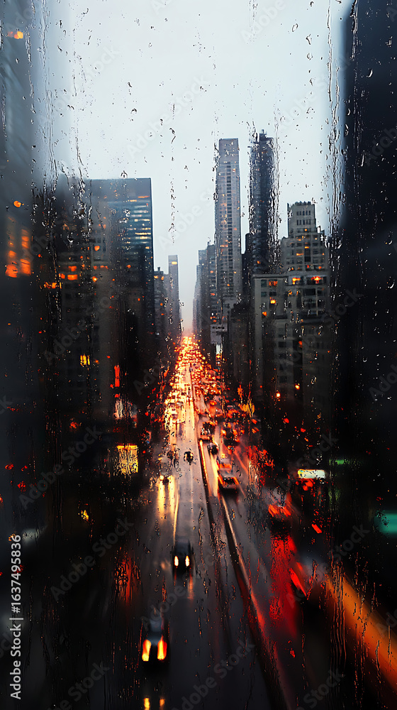 Fototapeta premium Rainy city street view through window