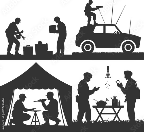 Collection of Black Silhouettes of Soldiers in Various Poses, Military Tanks, and Weapons, Depicting Combat and War Action Scenes for Military-Themed Graphics, Designs, and Illustrations