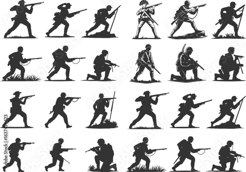 Collection of Black Silhouettes of Soldiers in Various Poses, Military Tanks, and Weapons, Depicting Combat and War Action Scenes for Military-Themed Graphics, Designs, and Illustrations