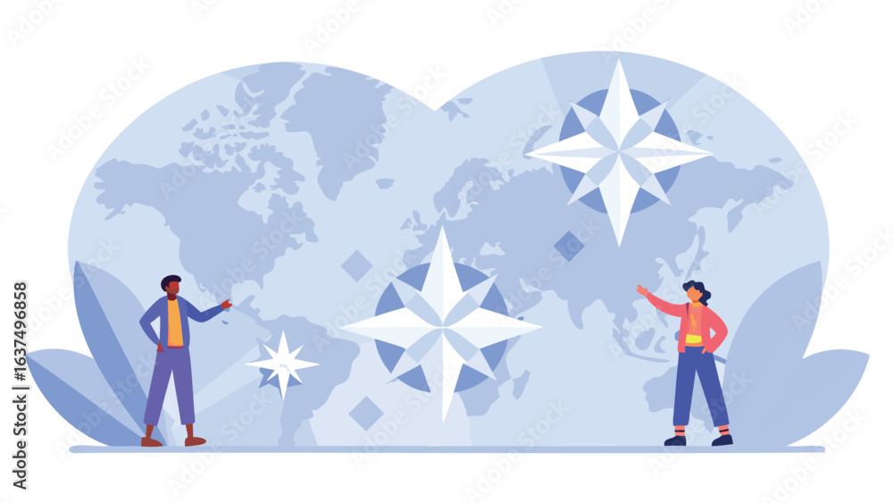People standing before a world map with stars and geometric shapes in a light blue color palette People standing before a world map with stars and geometric shapes in a light blue color palette