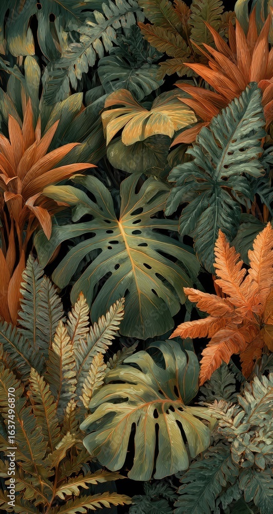 Fototapeta premium Lush, vibrant tropical foliage in warm autumnal tones