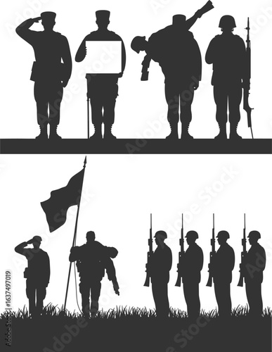Collection of Black Silhouettes of Soldiers in Various Poses, Military Tanks, and Weapons, Depicting Combat and War Action Scenes for Military-Themed Graphics, Designs, and Illustrations