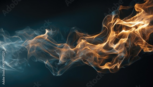 Abstract flowing shapes of orange and blue smoke against dark background