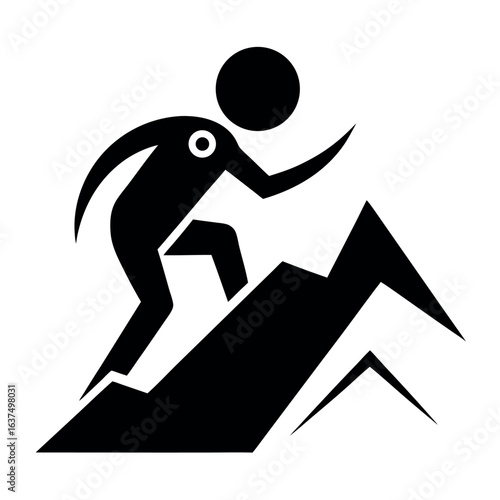 Silhouette of Person Hiking Up a Mountain Peak, Black and White Simple Icon