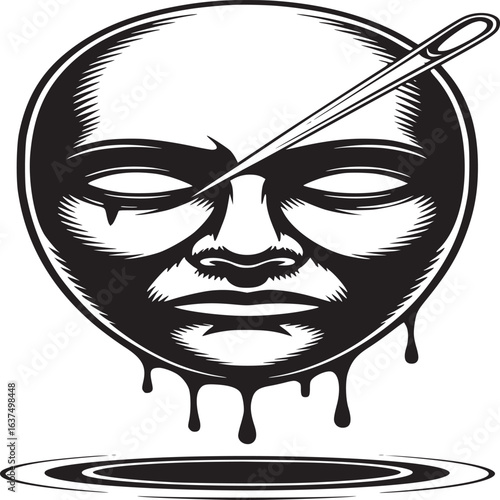 Stylized mask with needle piercing through and dripping into a pool of liquid in black and white