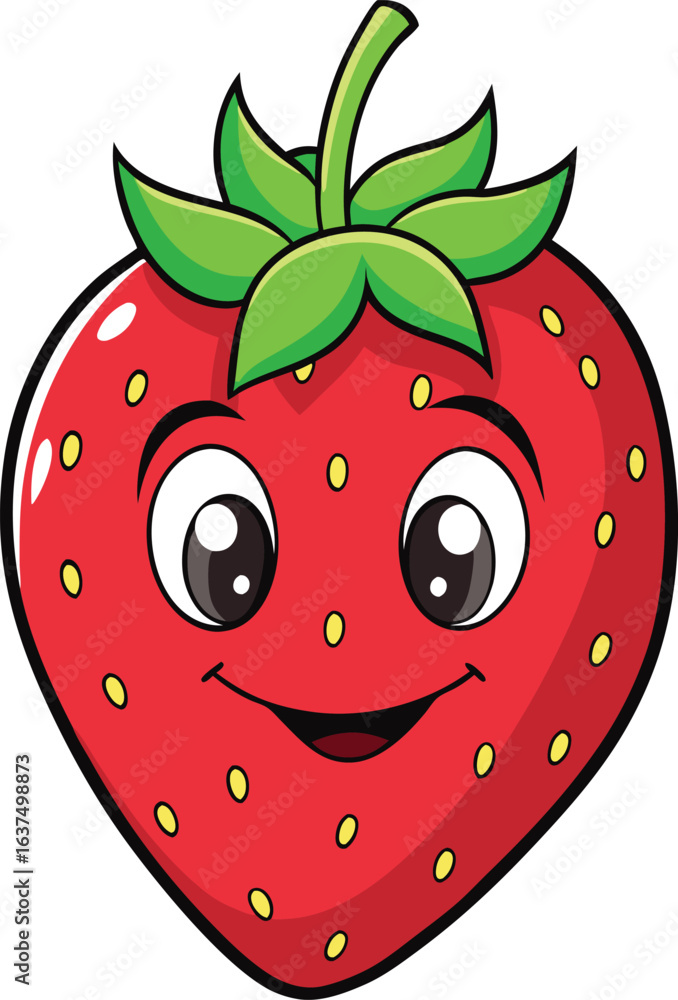 Obraz premium Happy cartoon strawberry character with a big smile and googly eyes